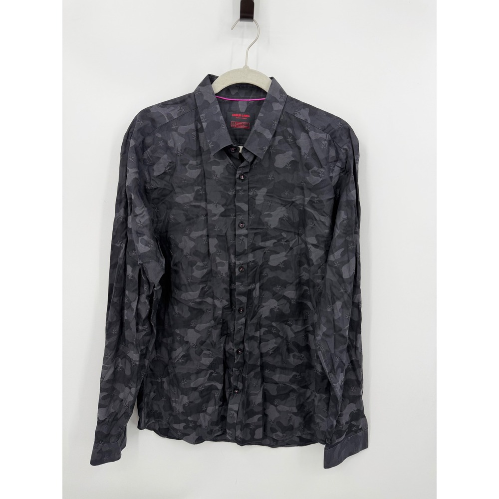 Jared Lang After Hours Button Down Shirt Mens L Grey Camo Star Print Slim Fit